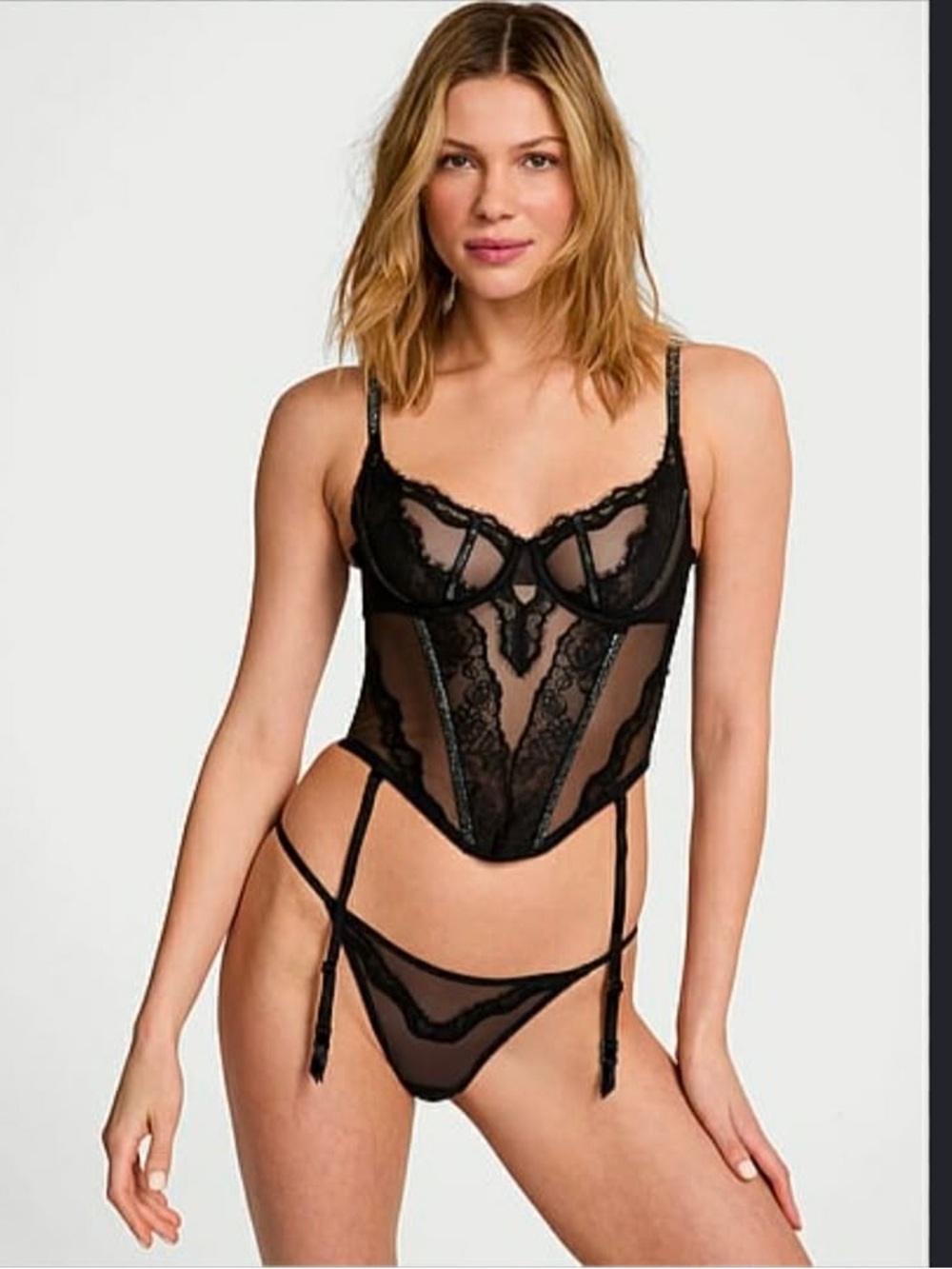 Victoria's Secret Very Sexy Black Sheer Shine Lace Unlined Corset Top